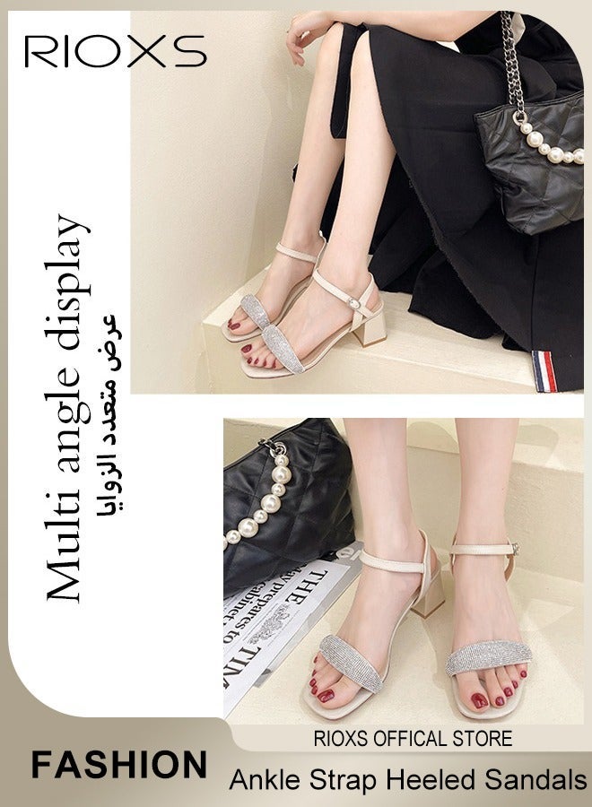 RIOXS Women Chunky Heeled Mules, Square Open Toe Slip-on Sandals with Rhinestone Chains, Trendy Heeled Sandals for Ladies, Ankle Strap Wedding Sandals with Non-slip Sole, Easy to Pair with Jeans or Skirt for Casual Look - Image 4